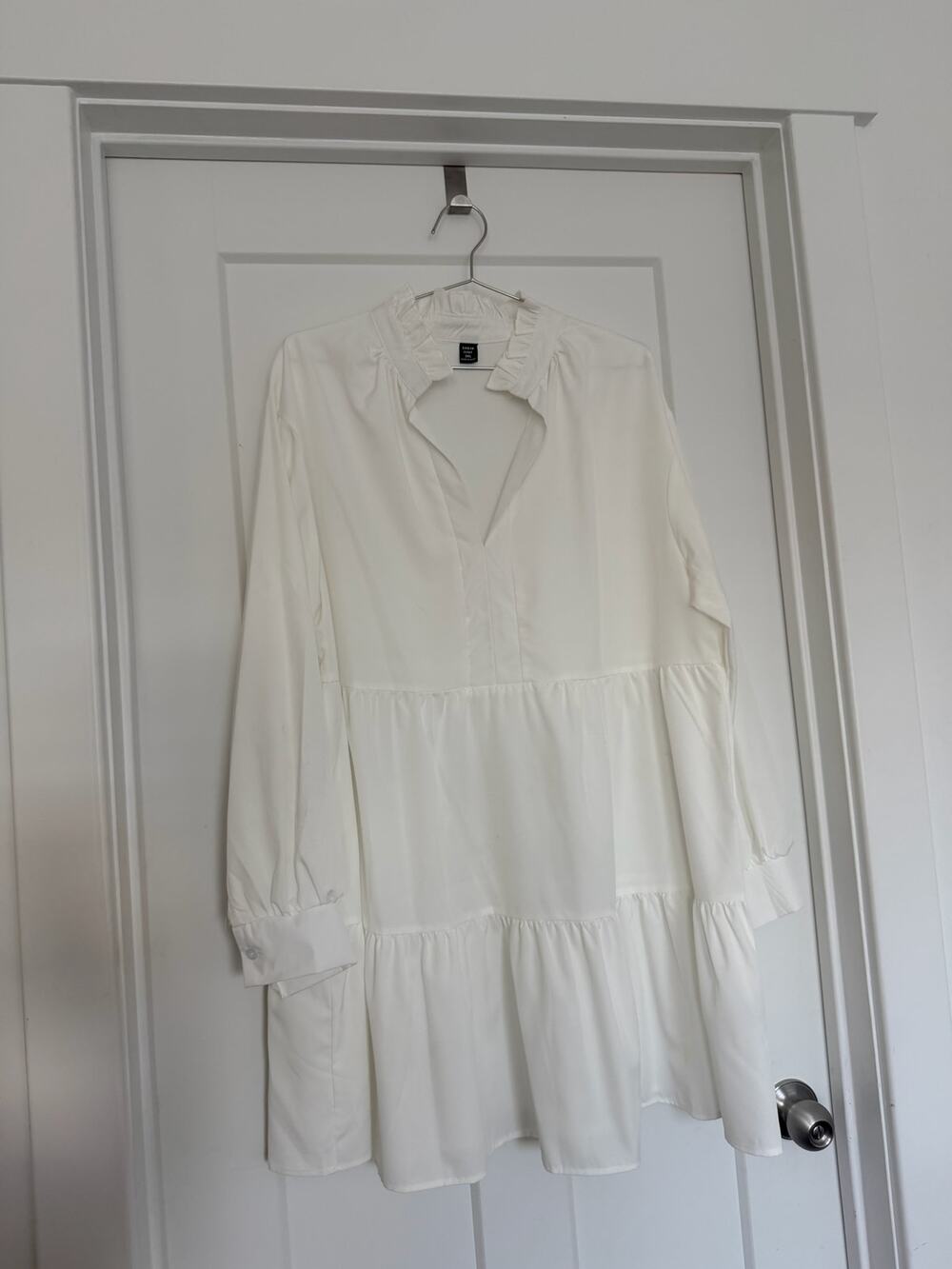 SHEIN Curve White Ruffle-Neck Tiered Long-Sleeve Smock Dress 2XL